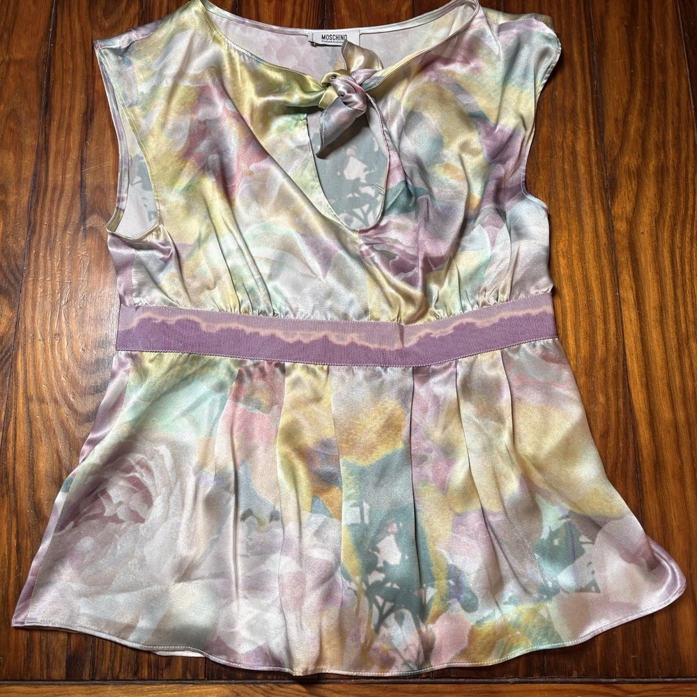 Moschino Cheap & Chic Pastel Floral Tie Neck Delicate Top Sz 10 A972